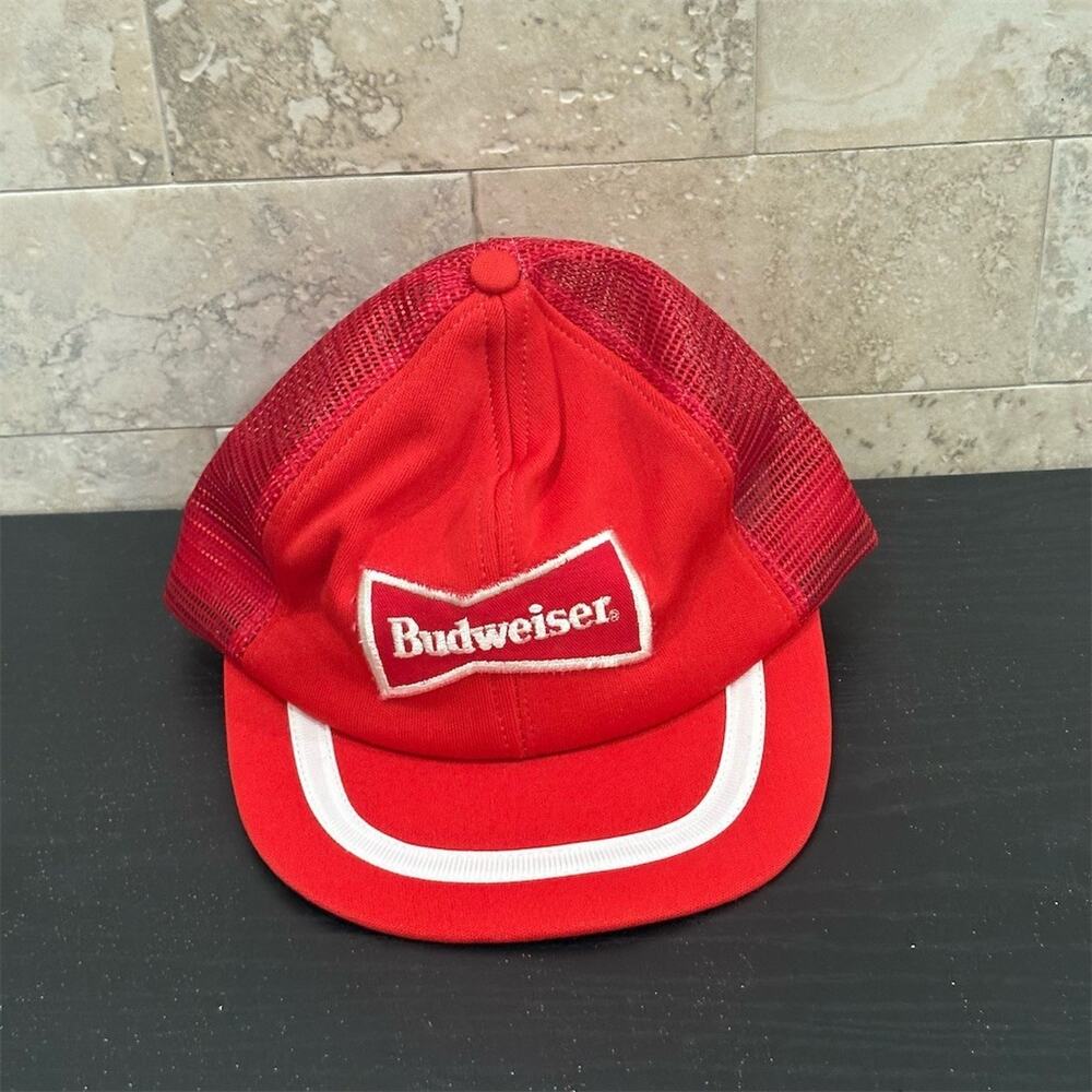 Budweiser Vintage Trucker Hat Red Mesh Snapback Bowtie Logo Patch OSFA